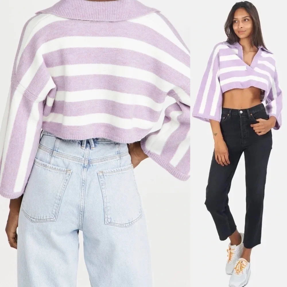 NWT LOVE LEMONS 90s Lavender Stripe V-Neck Oversized Soft Knit Cropped Sweater L